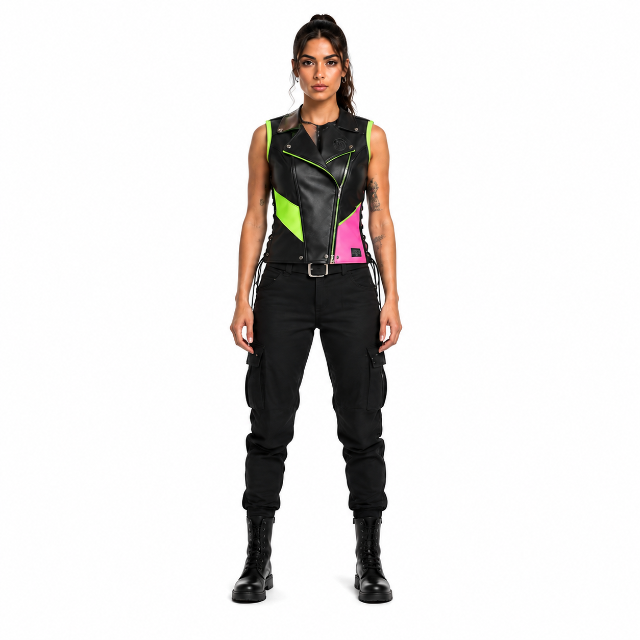 Women's Neon Color-Block Leather Moto Vest - Custom Leather Manufacturer Sialkot Pakistan