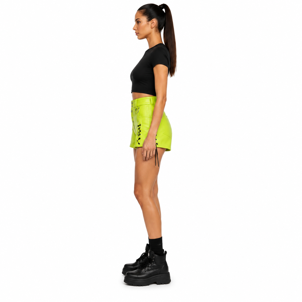 Women's Neon Lime Lambskin Utility Leather Shorts manufacturing detail 3