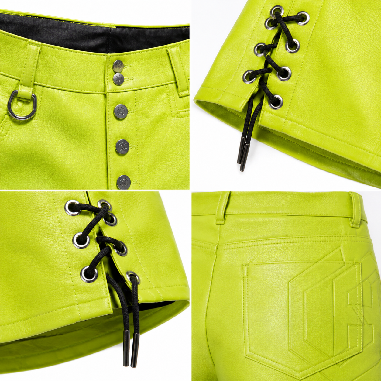 Women's Neon Lime Lambskin Utility Leather Shorts manufacturing detail 4