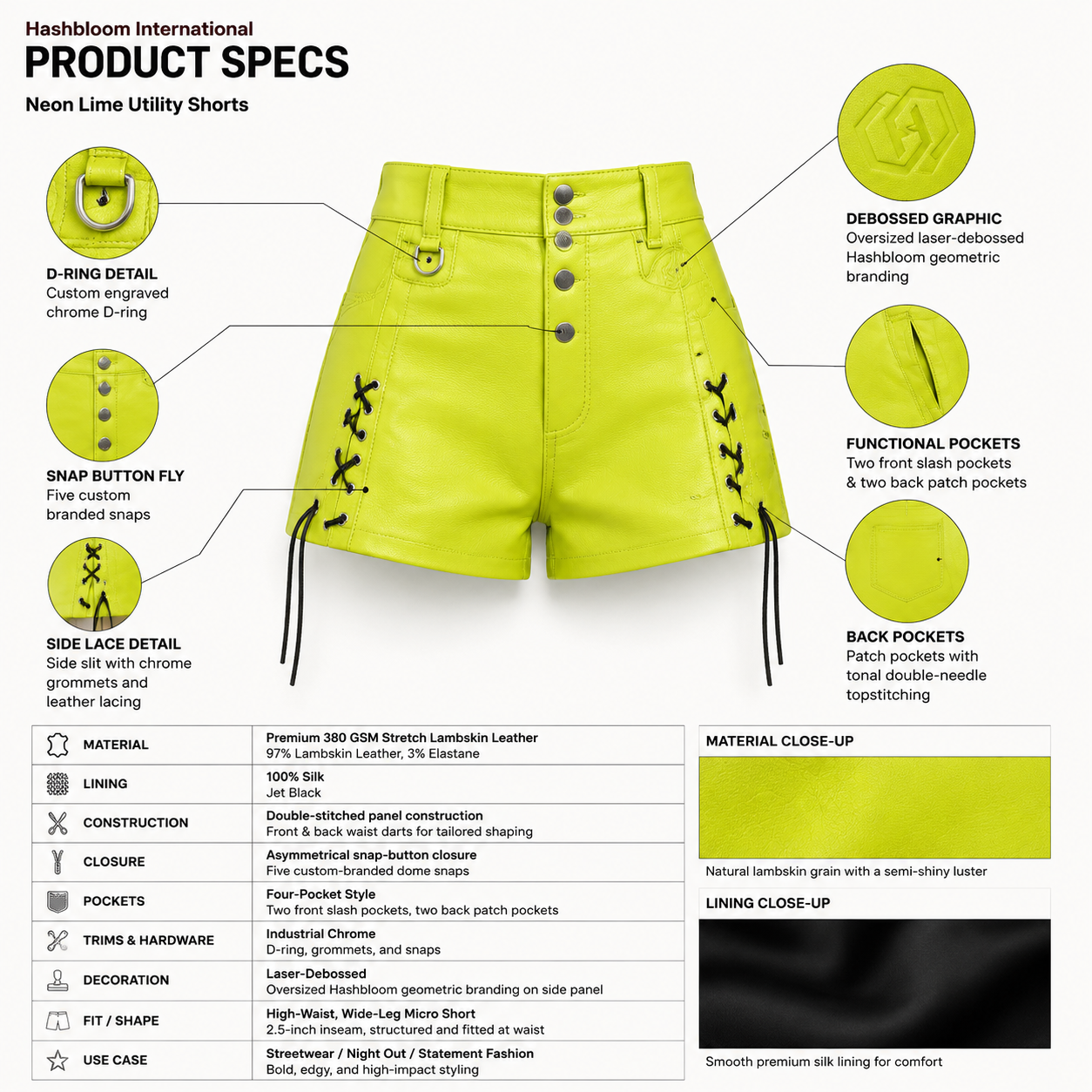 Women's Neon Lime Lambskin Utility Leather Shorts manufacturing detail 5