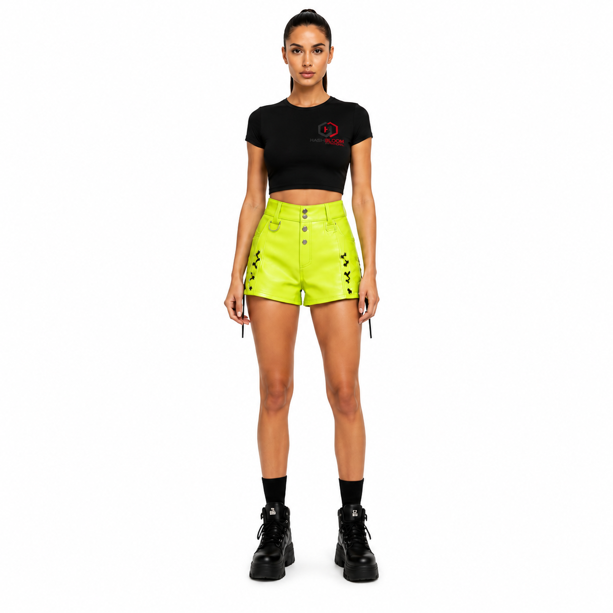 Women's Neon Lime Lambskin Utility Leather Shorts - Custom Leather Manufacturer Sialkot Pakistan