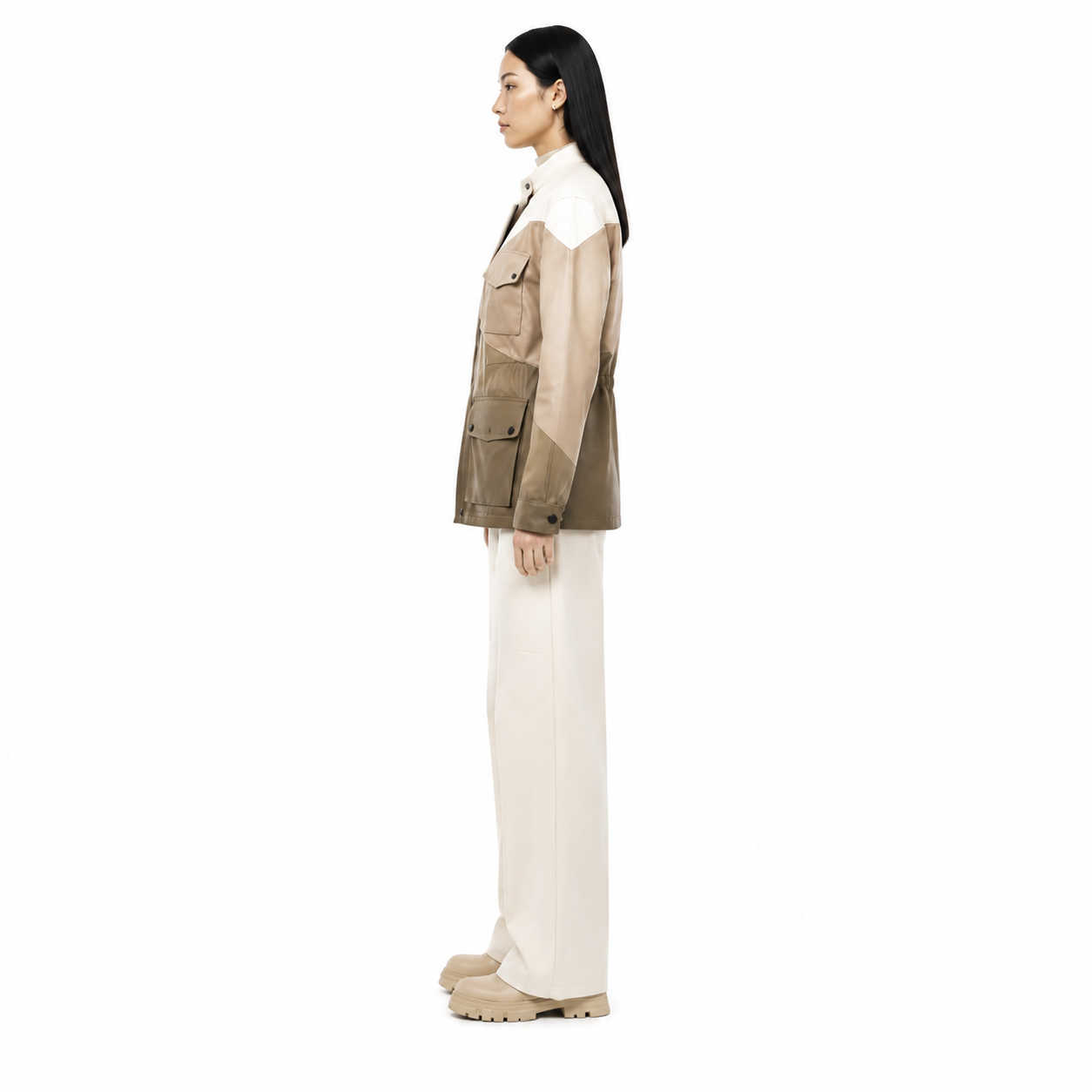 Women's Neutral Colorblock Lambskin Utility Jacket manufacturing detail 3