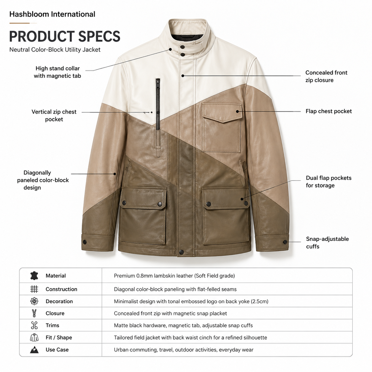 Women's Neutral Colorblock Lambskin Utility Jacket manufacturing detail 5