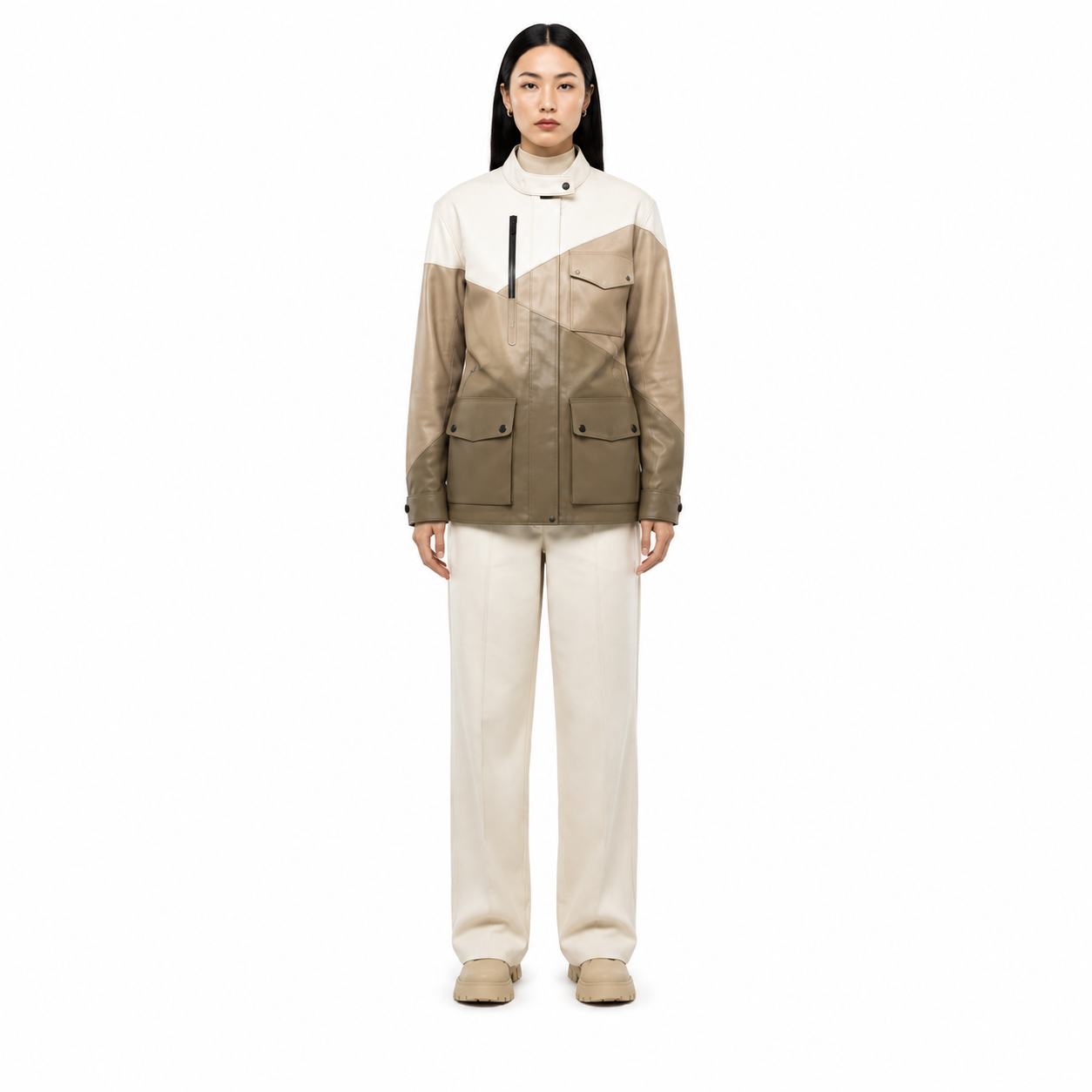 Women's Neutral Colorblock Lambskin Utility Jacket - Custom Leather Manufacturer Sialkot Pakistan