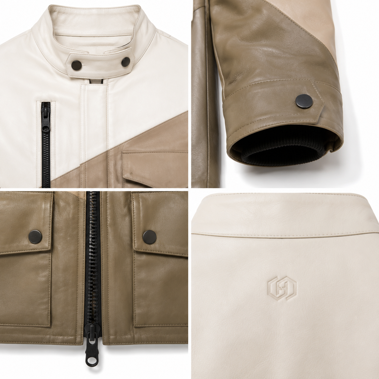 Women's Neutral Colorblock Lambskin Utility Jacket manufacturing detail 4