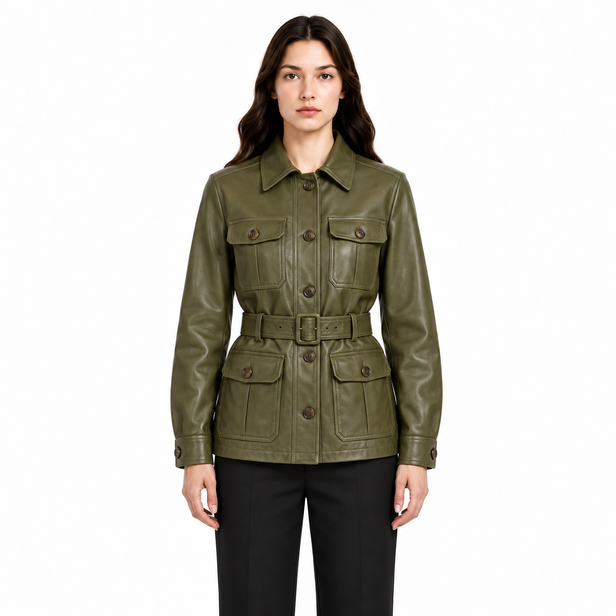 Women's Olive Belted Leather Safari Jacket - Custom Leather Manufacturer Sialkot Pakistan