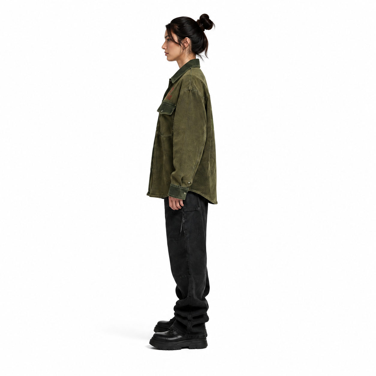 Women's Olive Buffalo Suede Leather Overshirt Jacket manufacturing detail 3