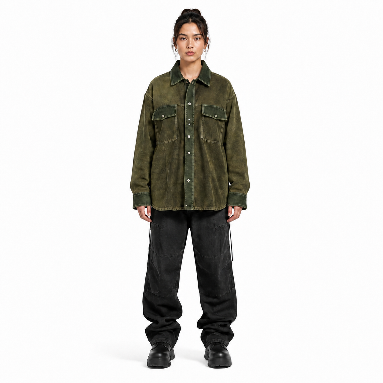 Women's Olive Buffalo Suede Leather Overshirt Jacket - Custom Leather Manufacturer Sialkot Pakistan