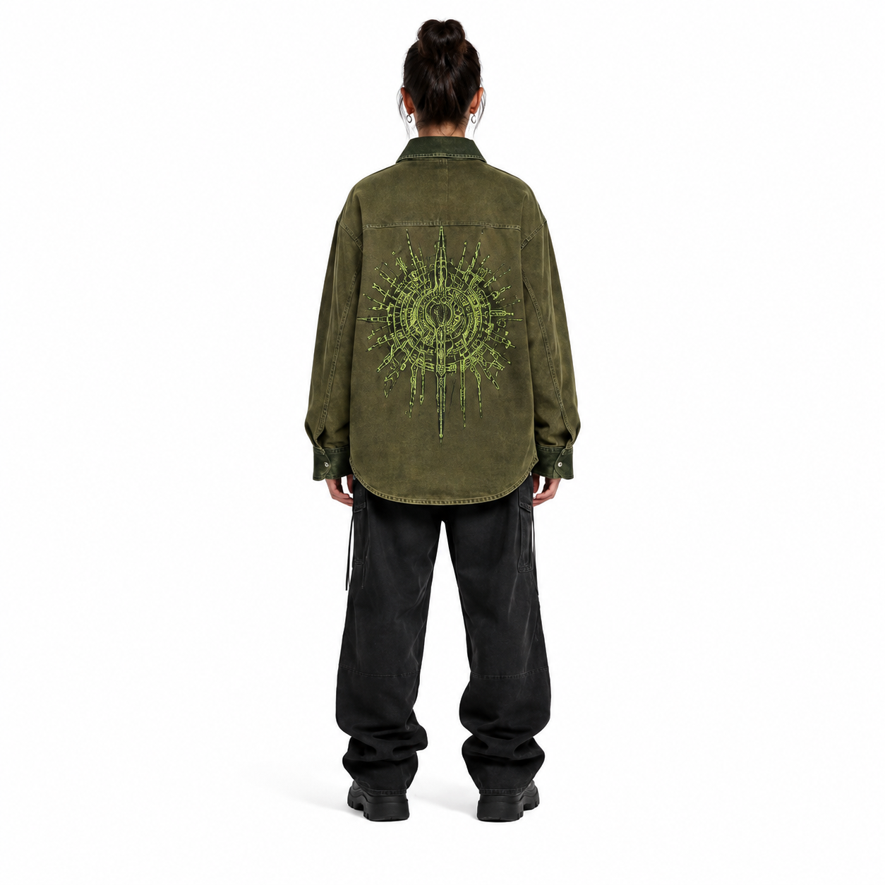 Women's Olive Buffalo Suede Leather Overshirt Jacket manufacturing detail 2