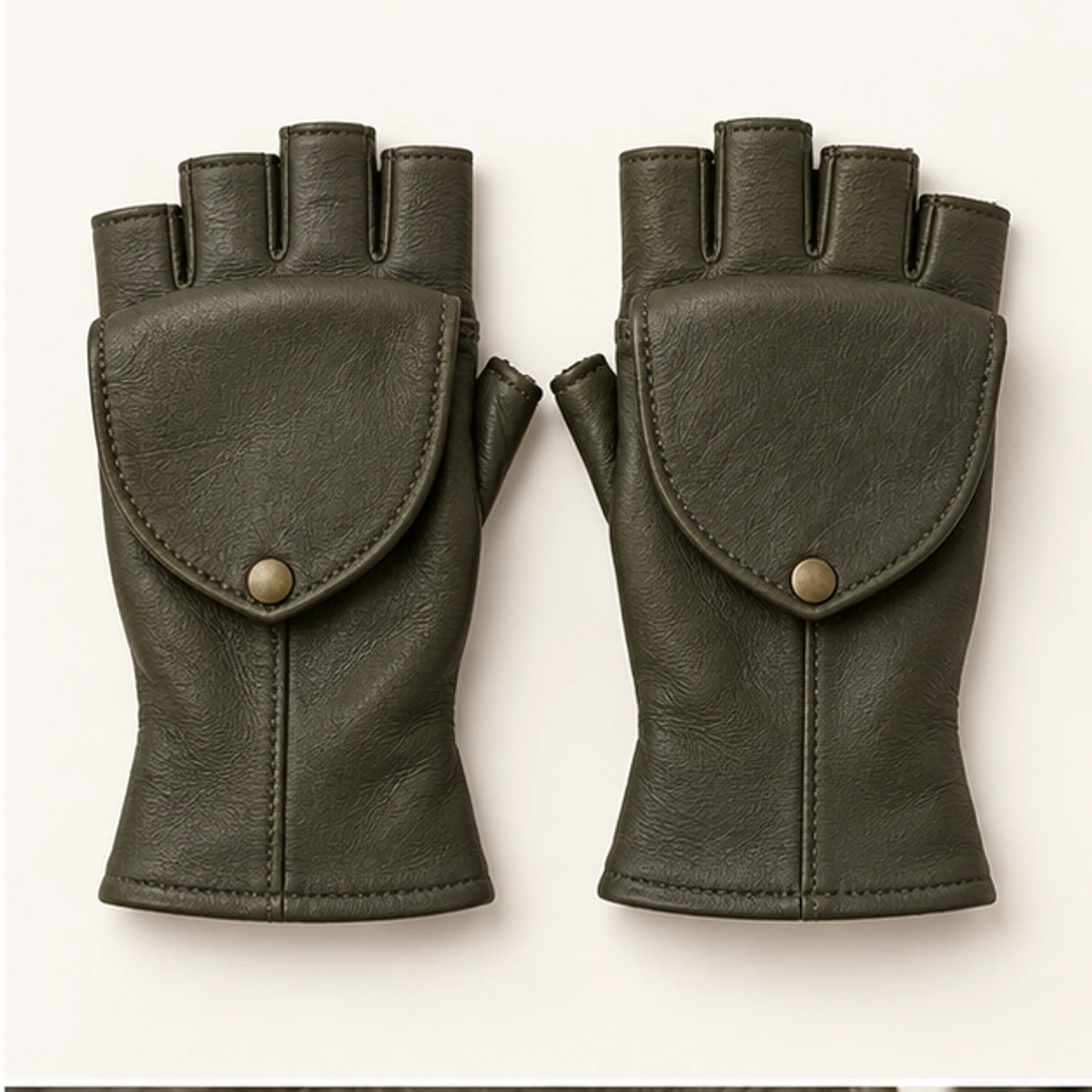 Women's Olive Convertible Leather Mitten Gloves manufacturing detail 2
