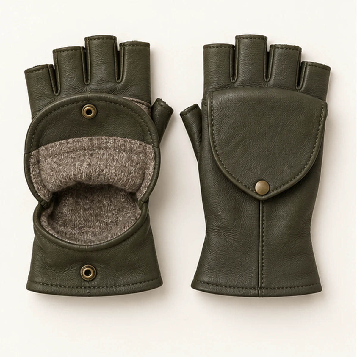 Women's Olive Convertible Leather Mitten Gloves manufacturing detail 3