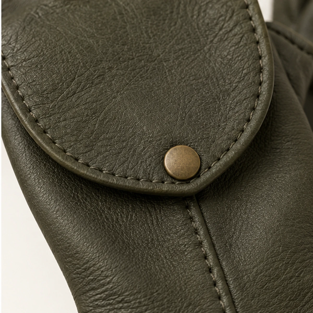 Women's Olive Convertible Leather Mitten Gloves manufacturing detail 4