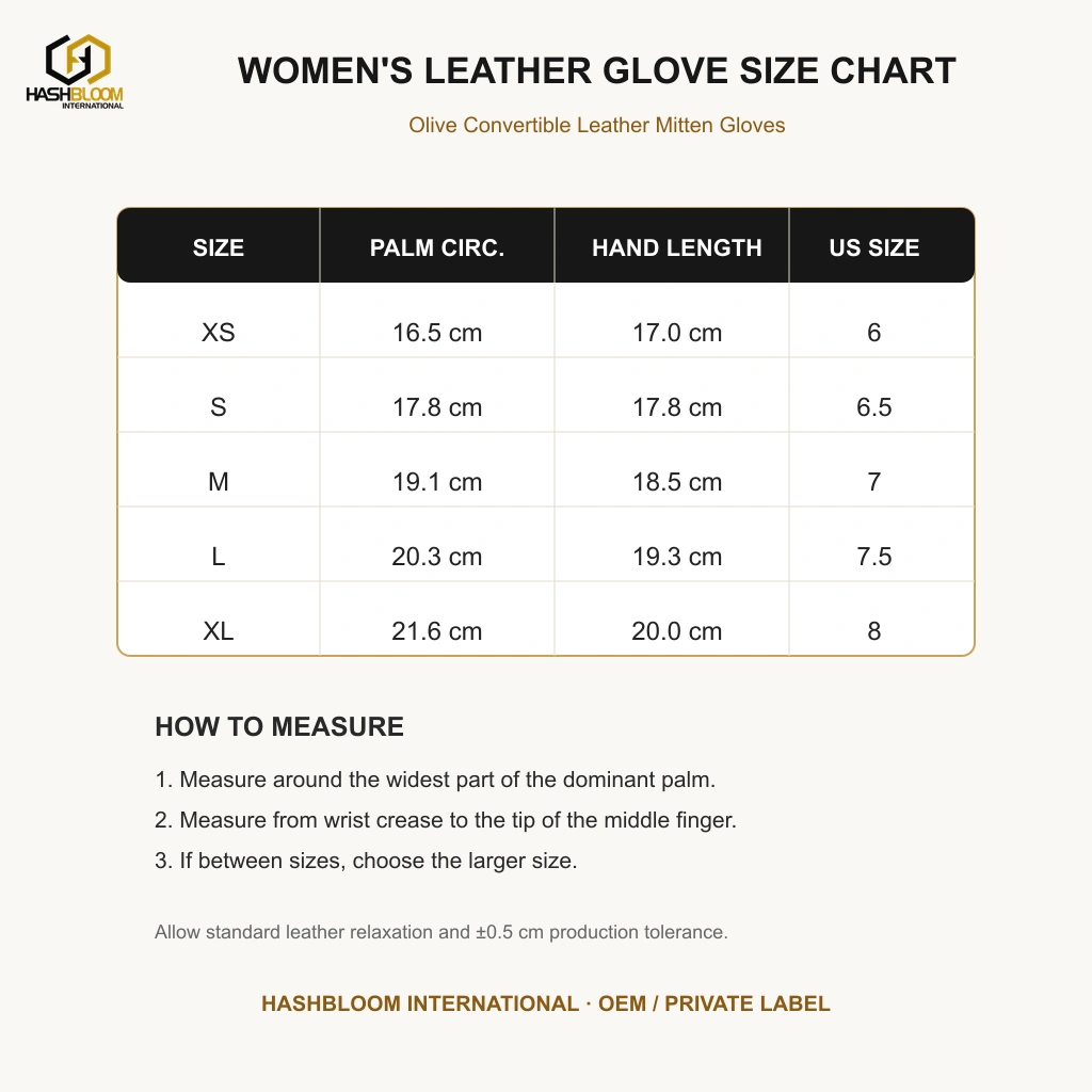 Women's Olive Convertible Leather Mitten Gloves manufacturing detail 5