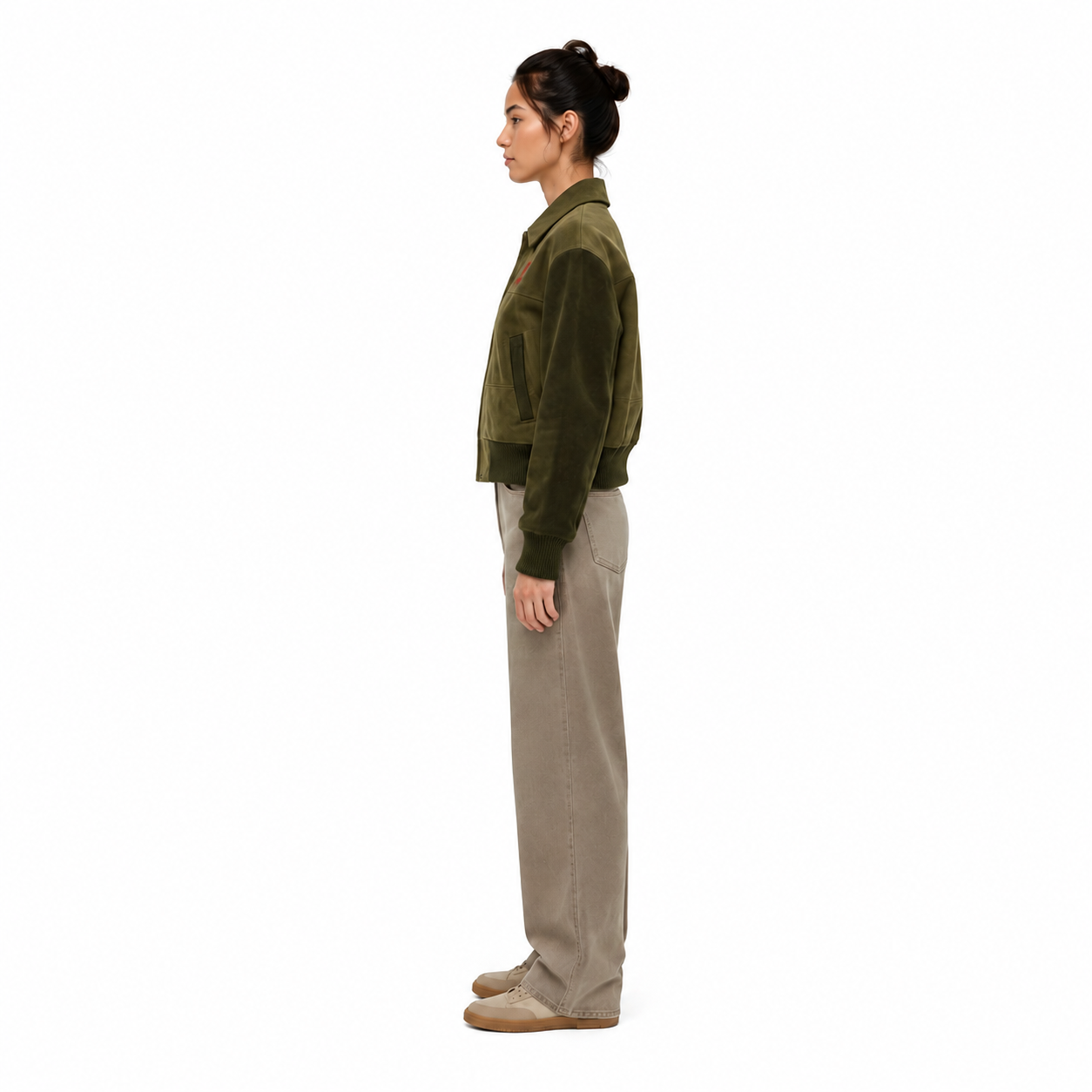 Women's Olive Green Goat Suede Leather Bomber Jacket manufacturing detail 3