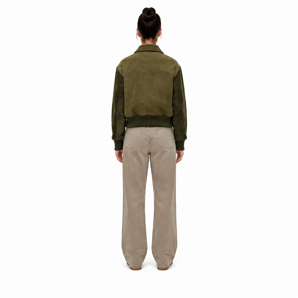 Women's Olive Green Goat Suede Leather Bomber Jacket manufacturing detail 2