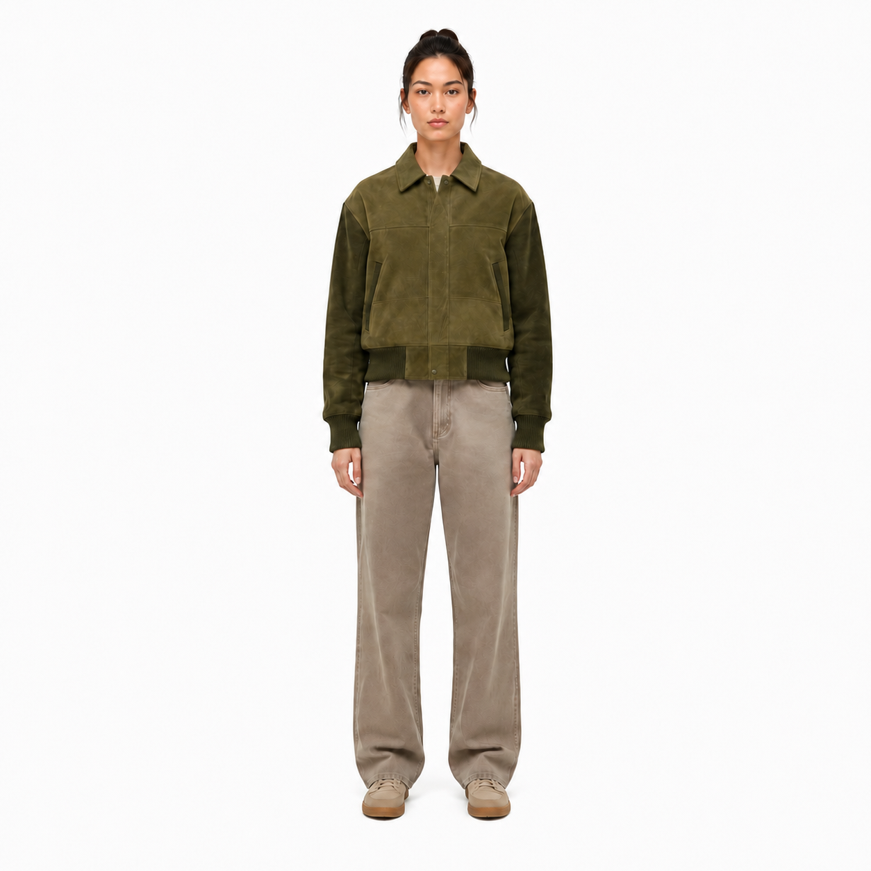 Women's Olive Green Goat Suede Leather Bomber Jacket - Custom Leather Manufacturer Sialkot Pakistan