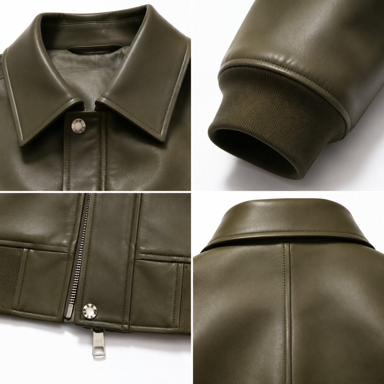 Women's Olive Green Leather Bomber Jacket manufacturing detail 4
