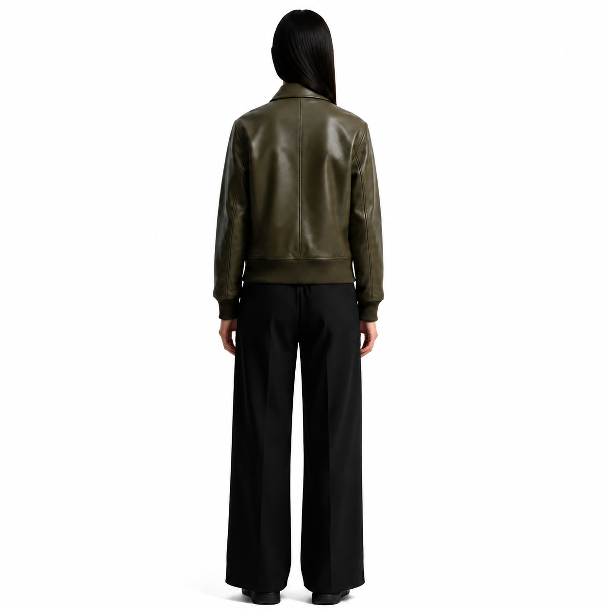 Women's Olive Green Leather Bomber Jacket manufacturing detail 2