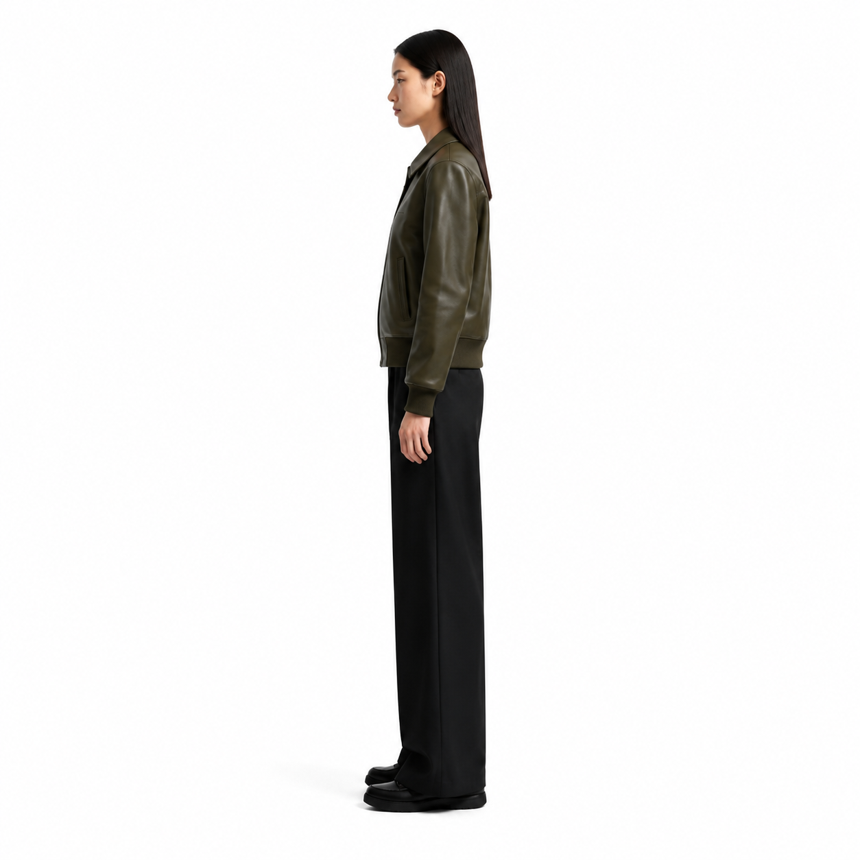 Women's Olive Green Leather Bomber Jacket manufacturing detail 3