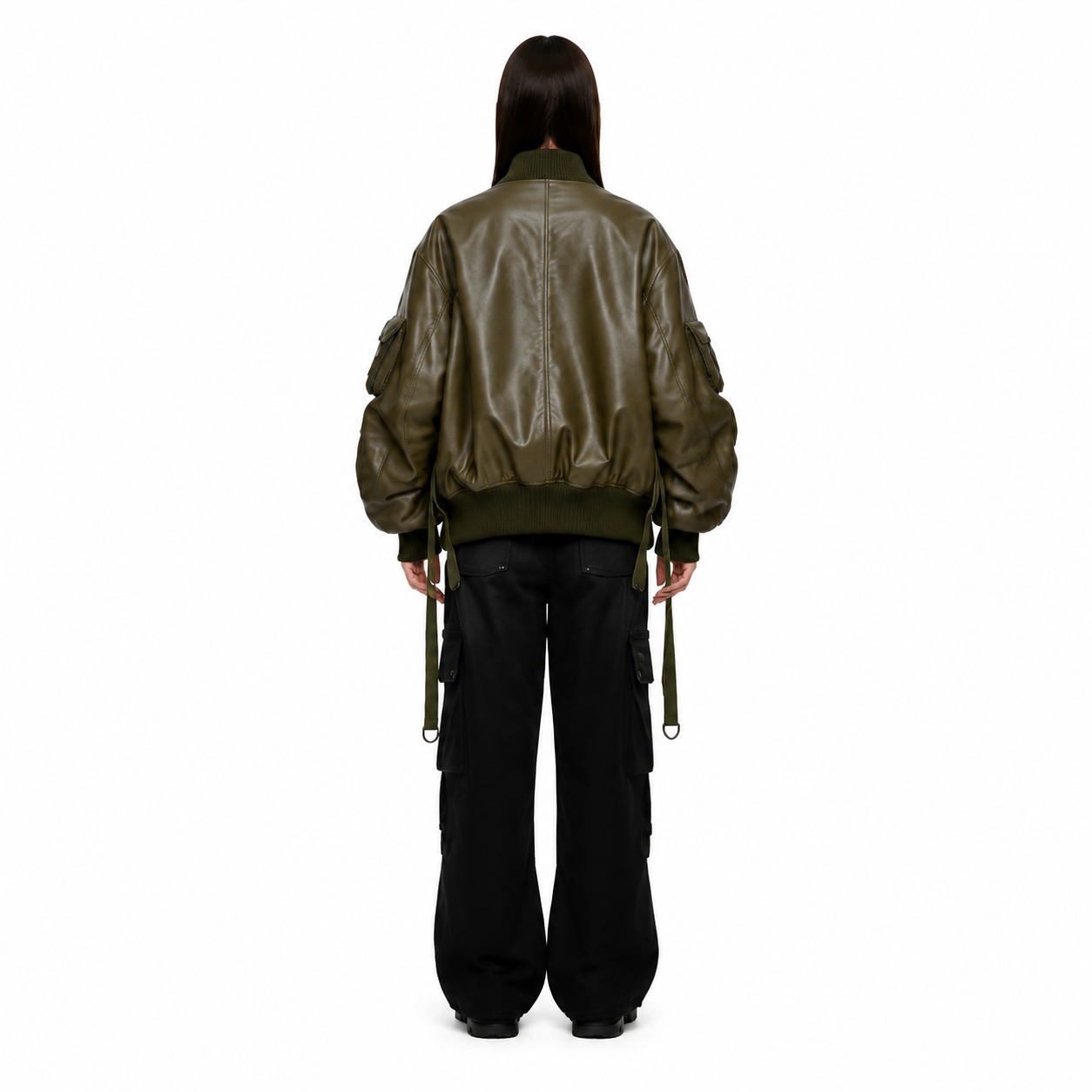 Women's Olive Sheep Nappa Utility Bomber Jacket manufacturing detail 2