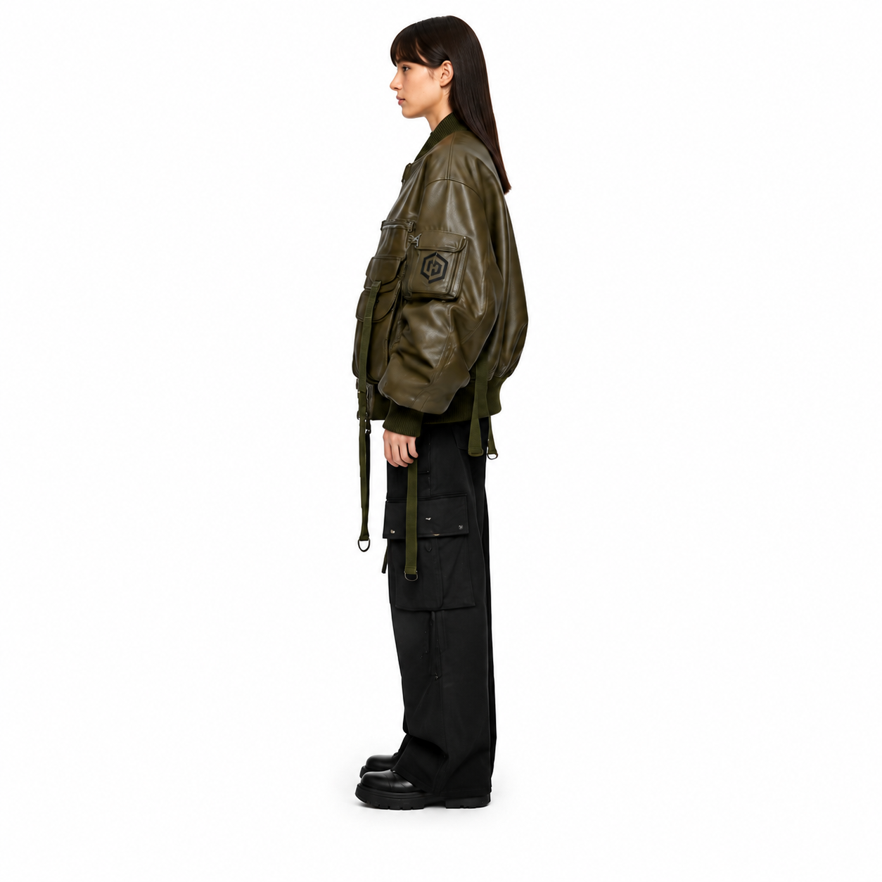 Women's Olive Sheep Nappa Utility Bomber Jacket manufacturing detail 3