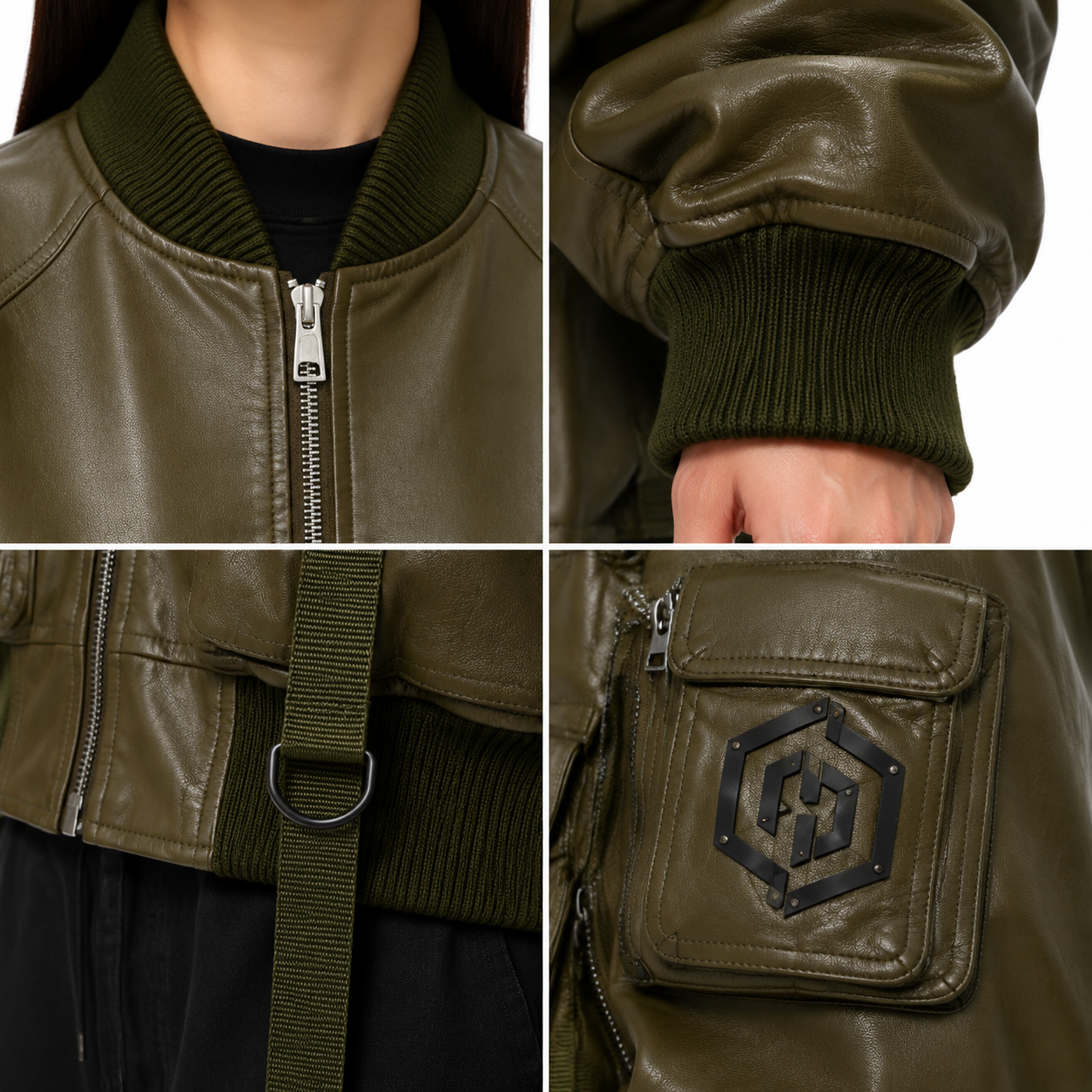 Women's Olive Sheep Nappa Utility Bomber Jacket manufacturing detail 4