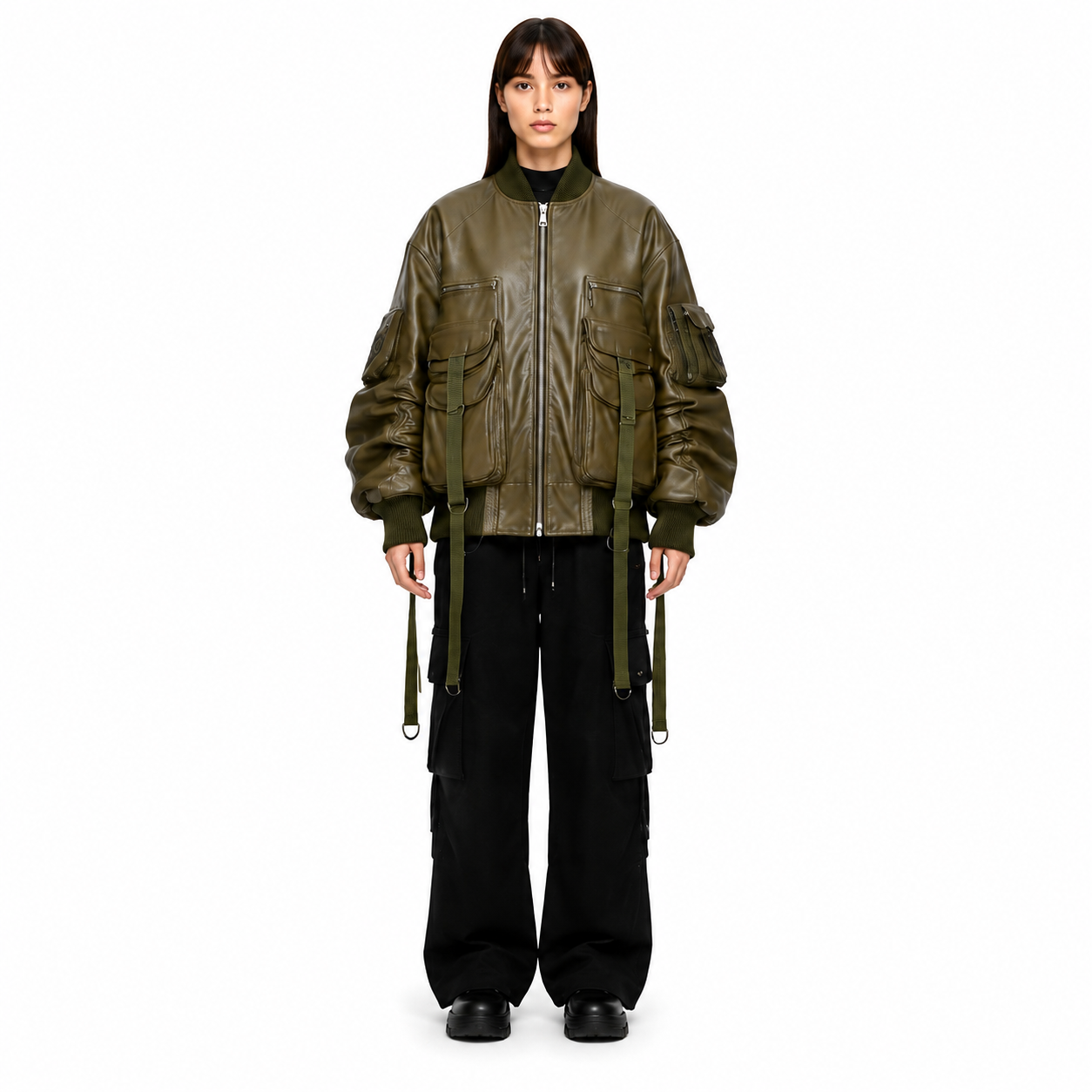 Women's Olive Sheep Nappa Utility Bomber Jacket - Custom Leather Manufacturer Sialkot Pakistan