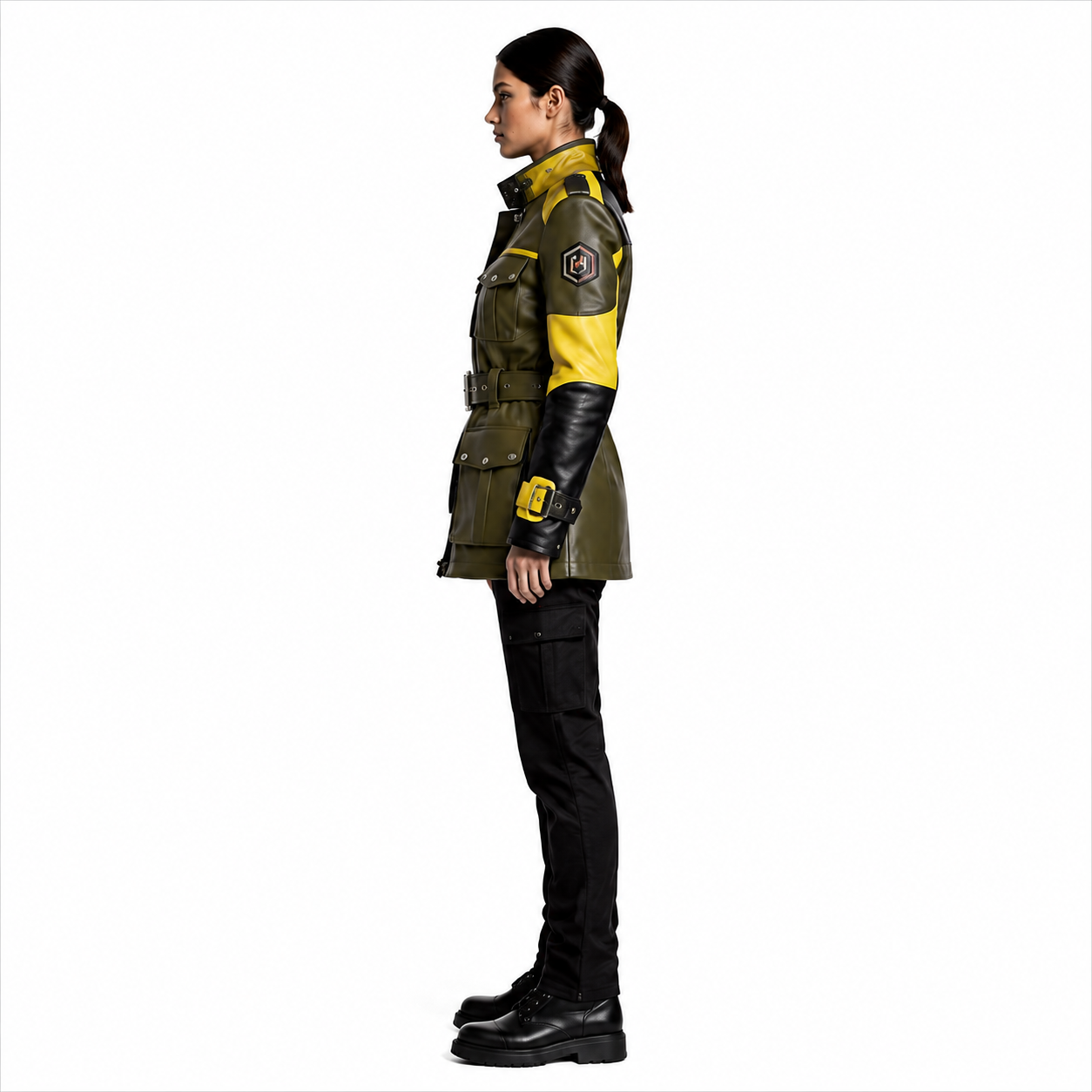 Women's Olive Yellow Colorblock Leather Field Jacket manufacturing detail 3