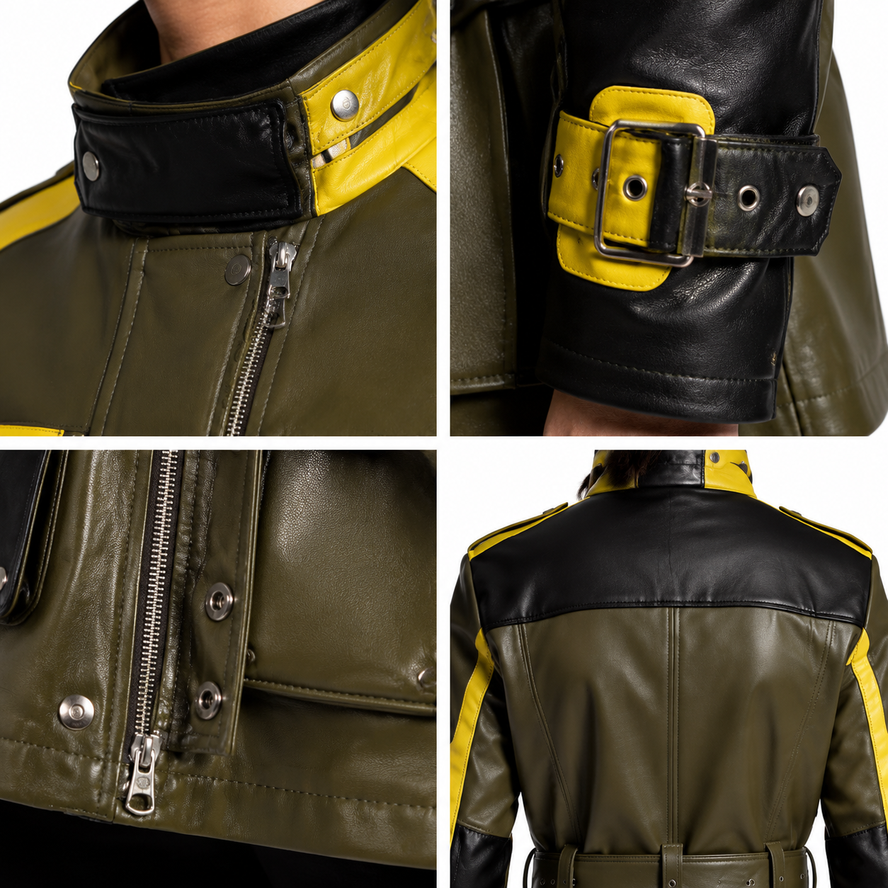 Women's Olive Yellow Colorblock Leather Field Jacket manufacturing detail 4