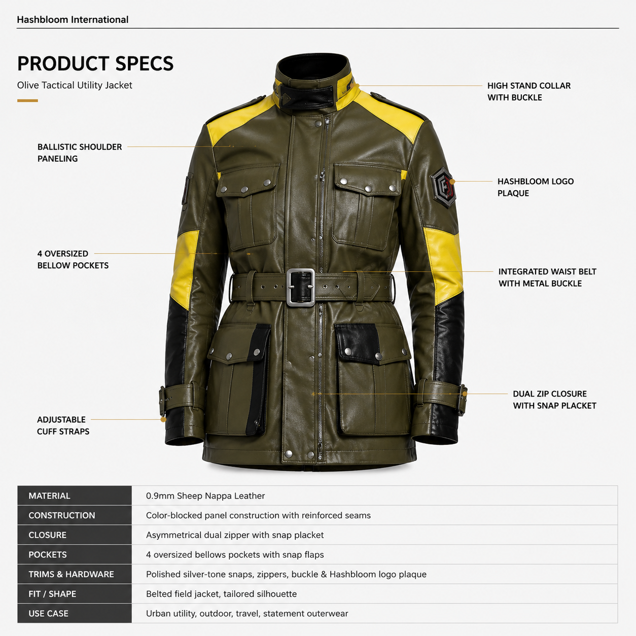 Women's Olive Yellow Colorblock Leather Field Jacket manufacturing detail 5