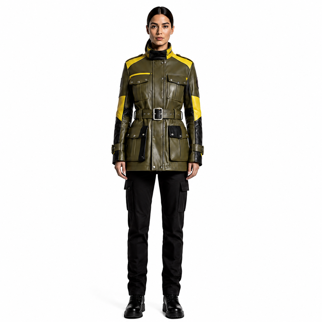 Women's Olive Yellow Colorblock Leather Field Jacket - Custom Leather Manufacturer Sialkot Pakistan