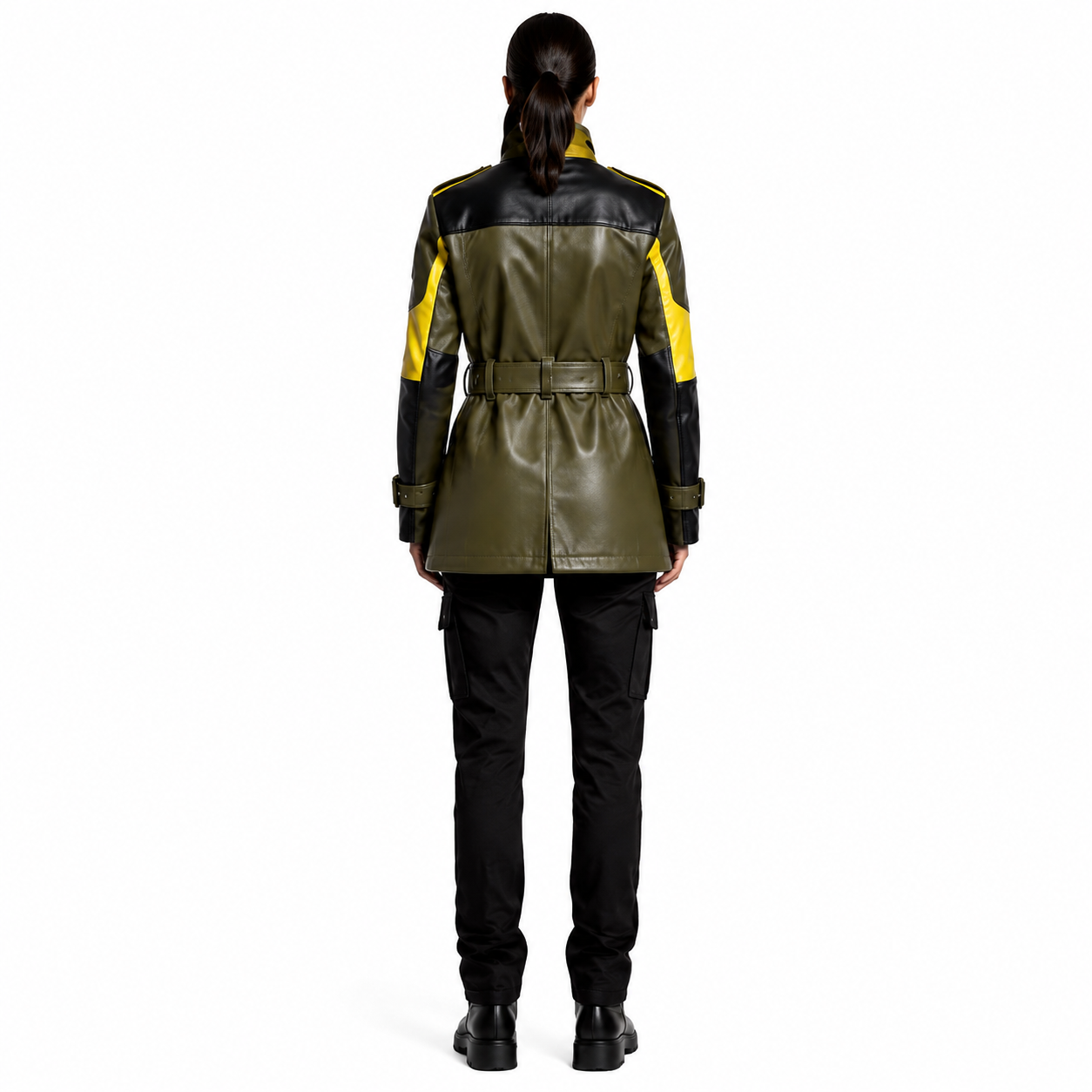 Women's Olive Yellow Colorblock Leather Field Jacket manufacturing detail 2
