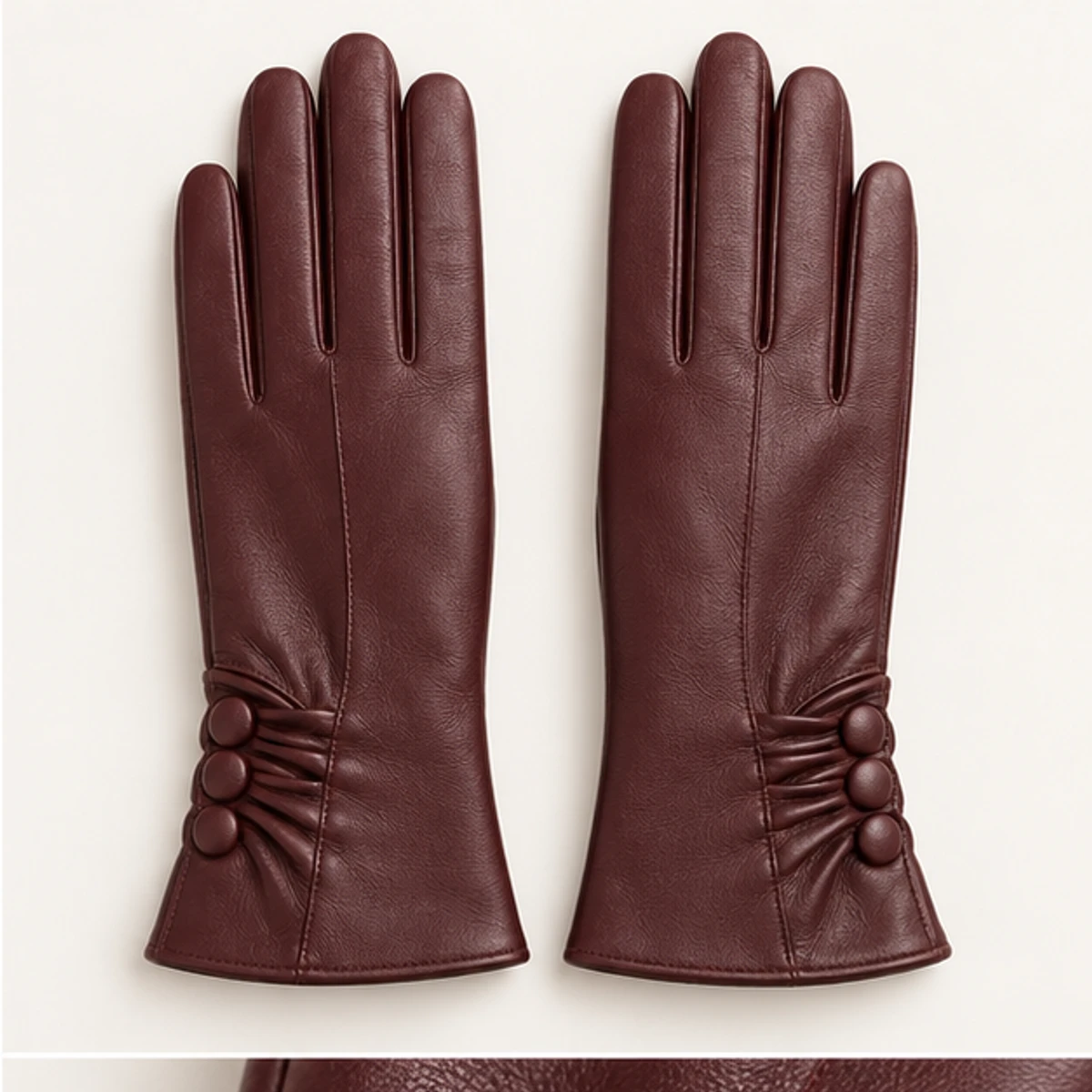 Women's Oxblood Ruched Button Nappa Gloves manufacturing detail 2