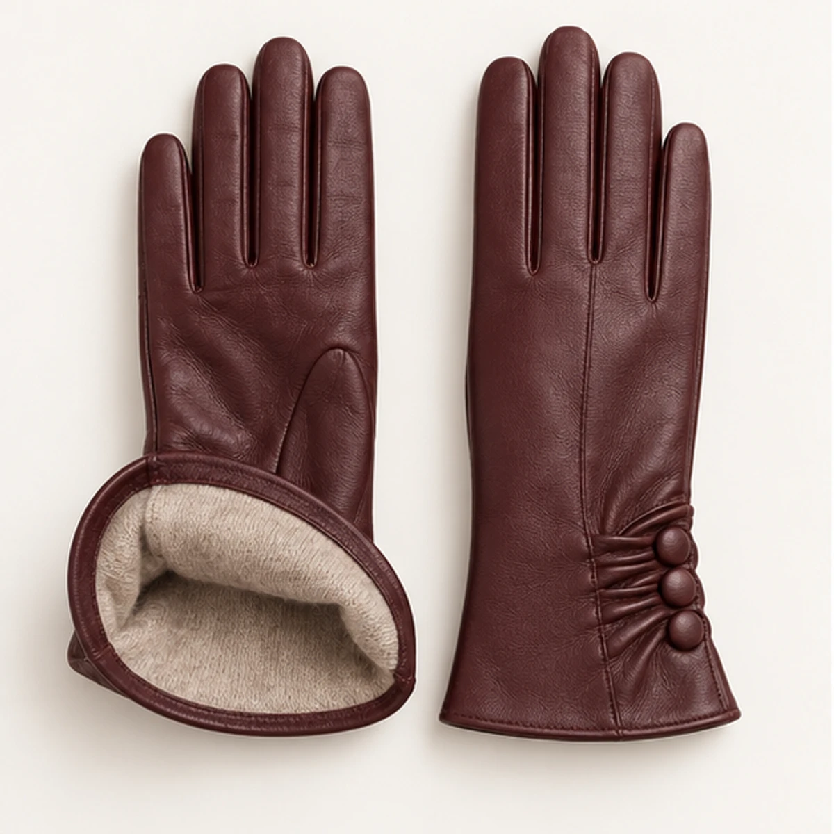 Women's Oxblood Ruched Button Nappa Gloves manufacturing detail 3