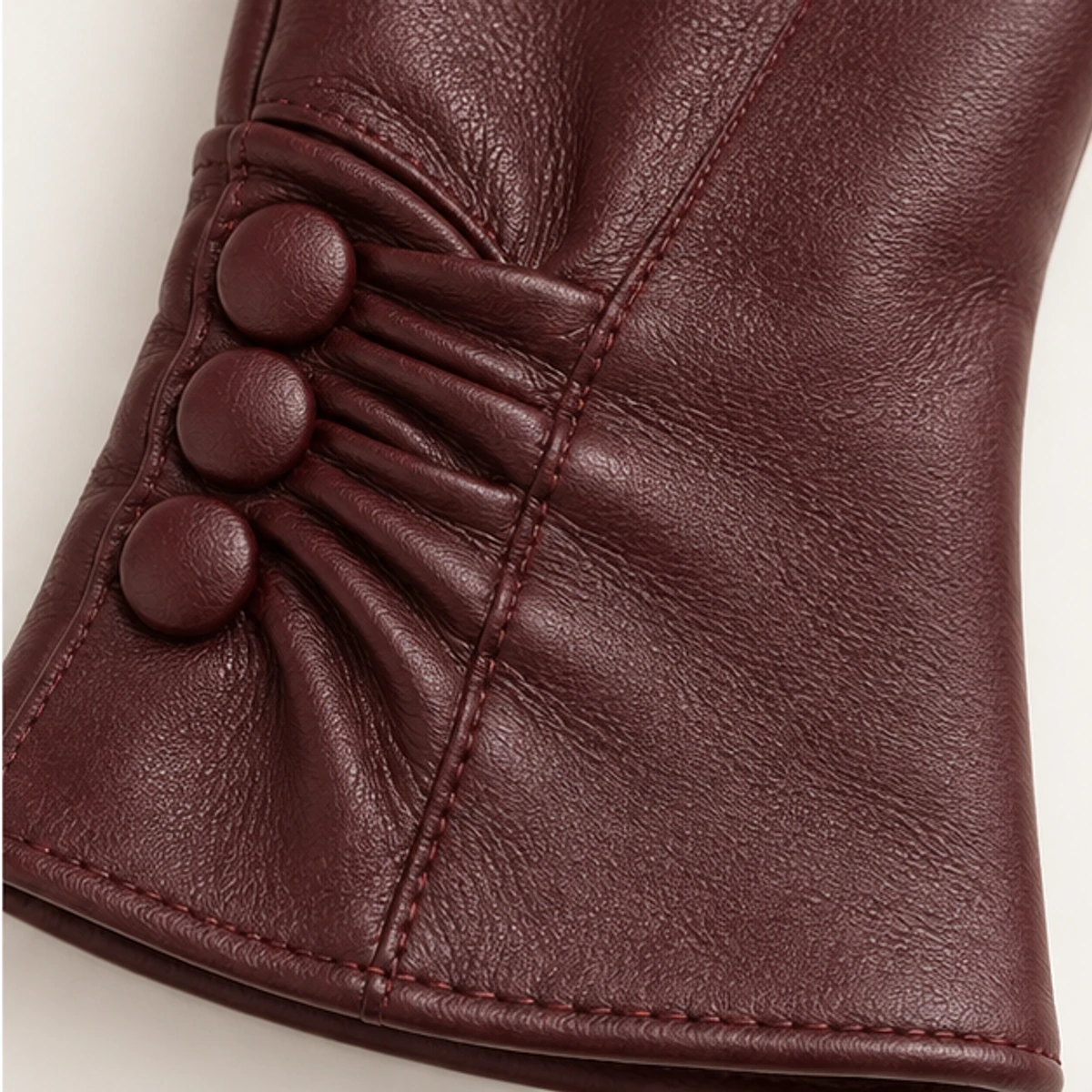 Women's Oxblood Ruched Button Nappa Gloves manufacturing detail 4