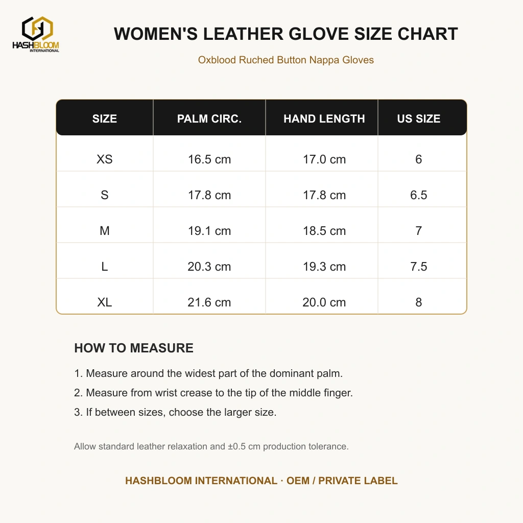 Women's Oxblood Ruched Button Nappa Gloves manufacturing detail 5