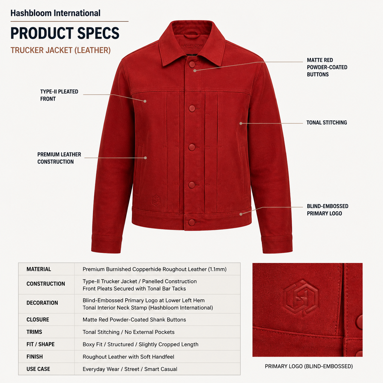 Women's Red Copperhide Roughout Leather Trucker Jacket manufacturing detail 4