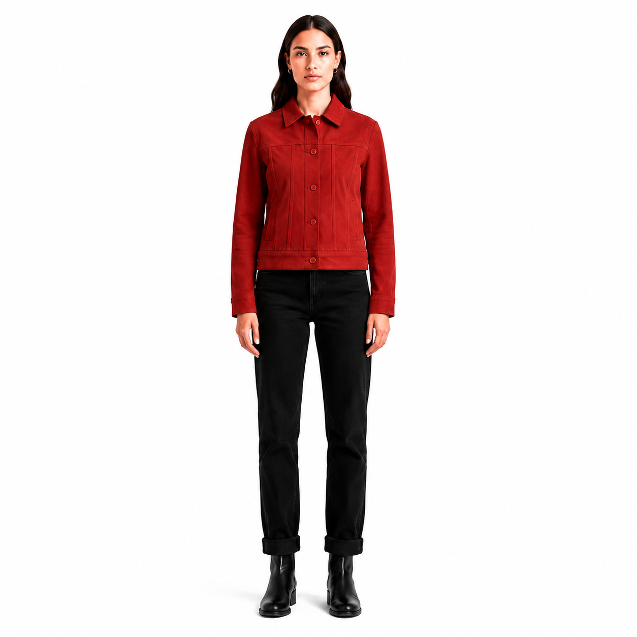 Women's Red Copperhide Roughout Leather Trucker Jacket - Custom Leather Manufacturer Sialkot Pakistan