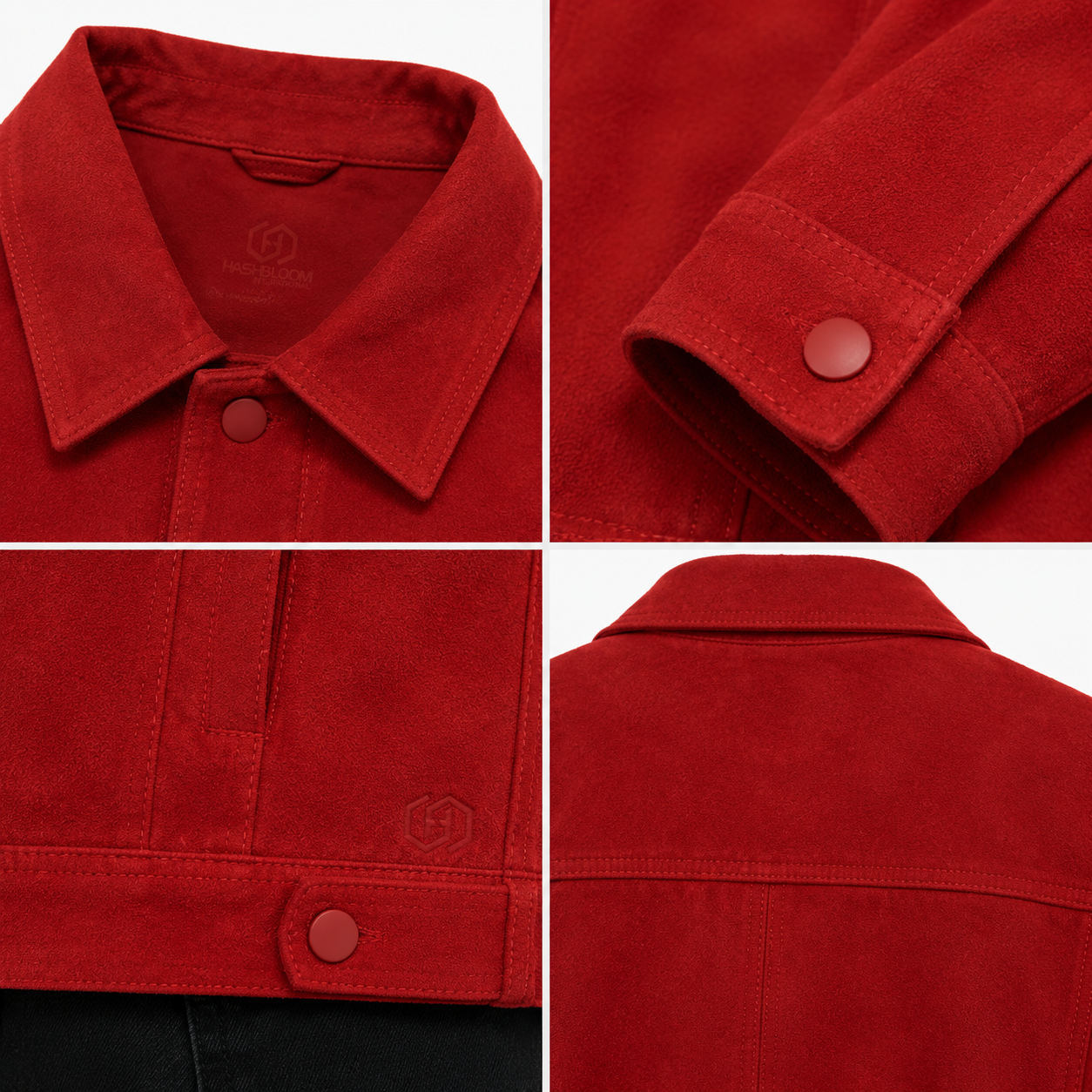 Women's Red Copperhide Roughout Leather Trucker Jacket manufacturing detail 6