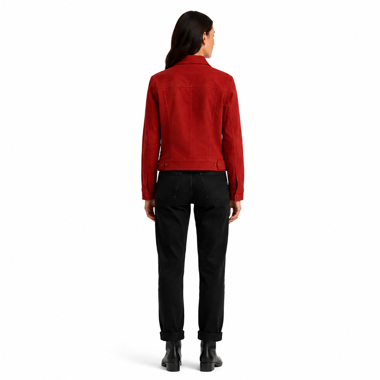 Women's Red Copperhide Roughout Leather Trucker Jacket manufacturing detail 2