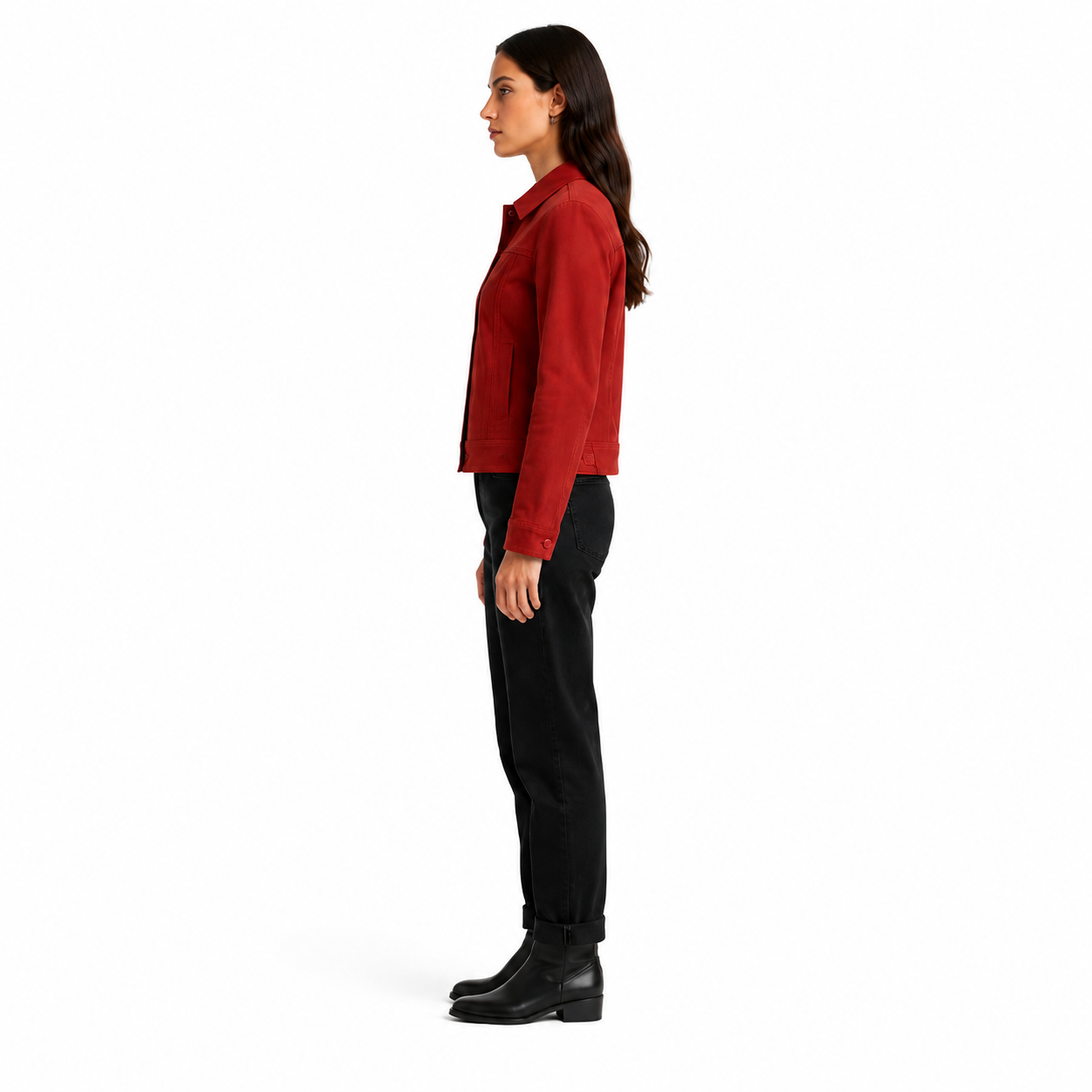 Women's Red Copperhide Roughout Leather Trucker Jacket manufacturing detail 3