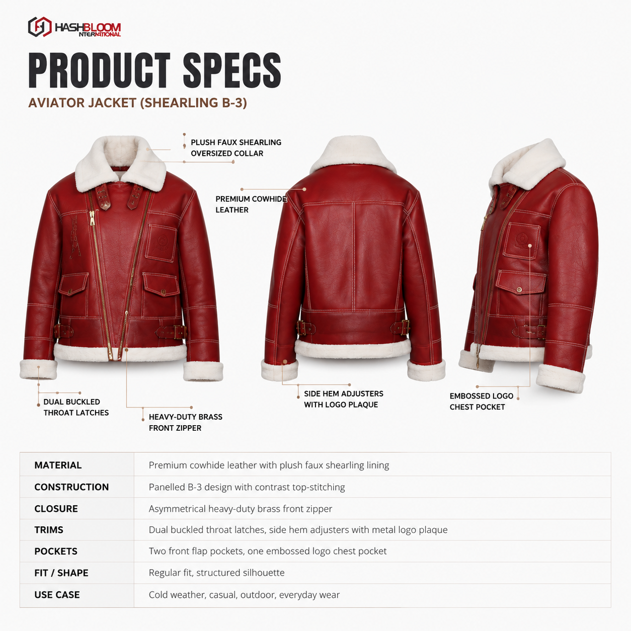Women's Red Cowhide B-3 Shearling Aviator Jacket manufacturing detail 5