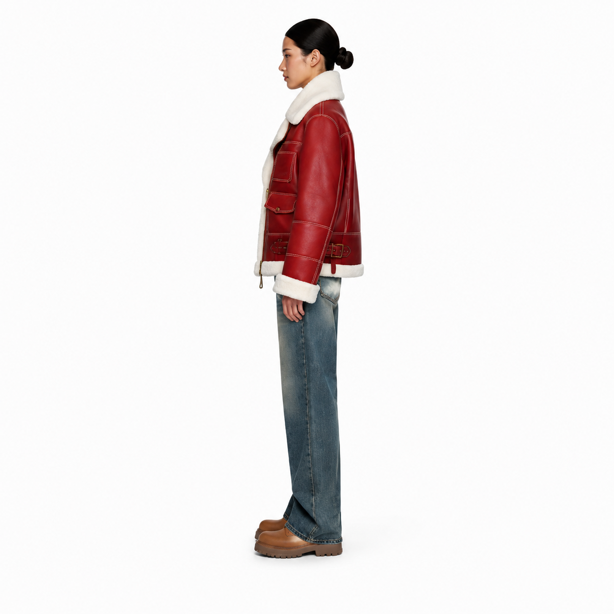 Women's Red Cowhide B-3 Shearling Aviator Jacket manufacturing detail 3