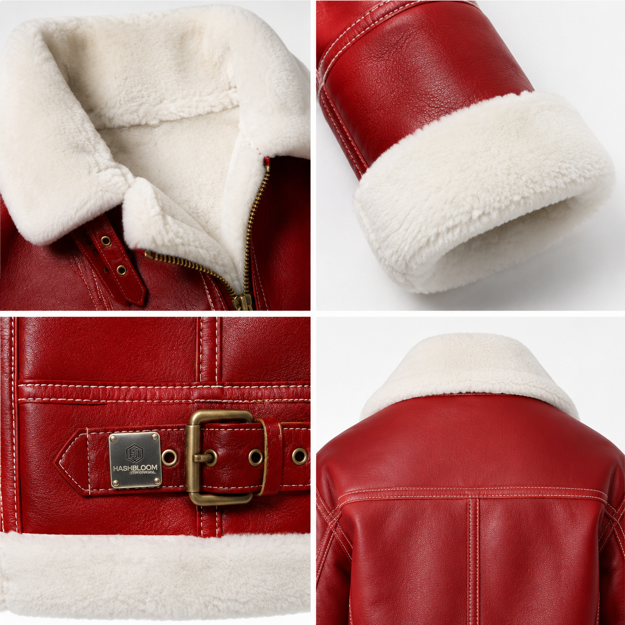 Women's Red Cowhide B-3 Shearling Aviator Jacket manufacturing detail 4