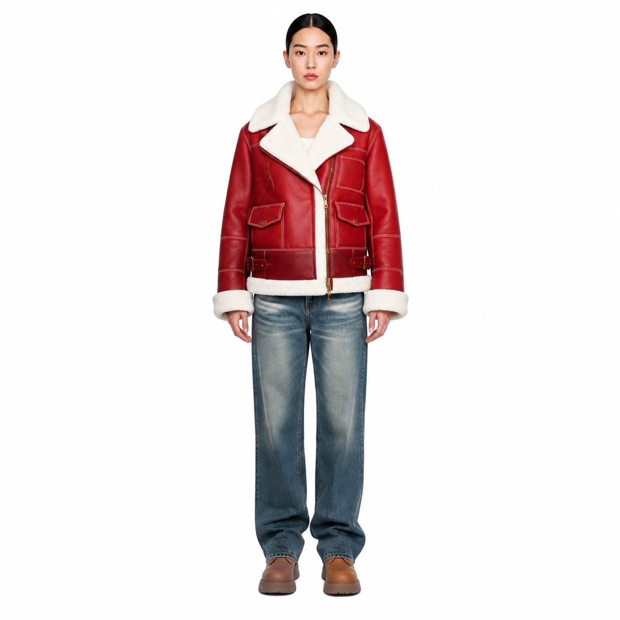 Women's Red Cowhide B-3 Shearling Aviator Jacket - Custom Leather Manufacturer Sialkot Pakistan