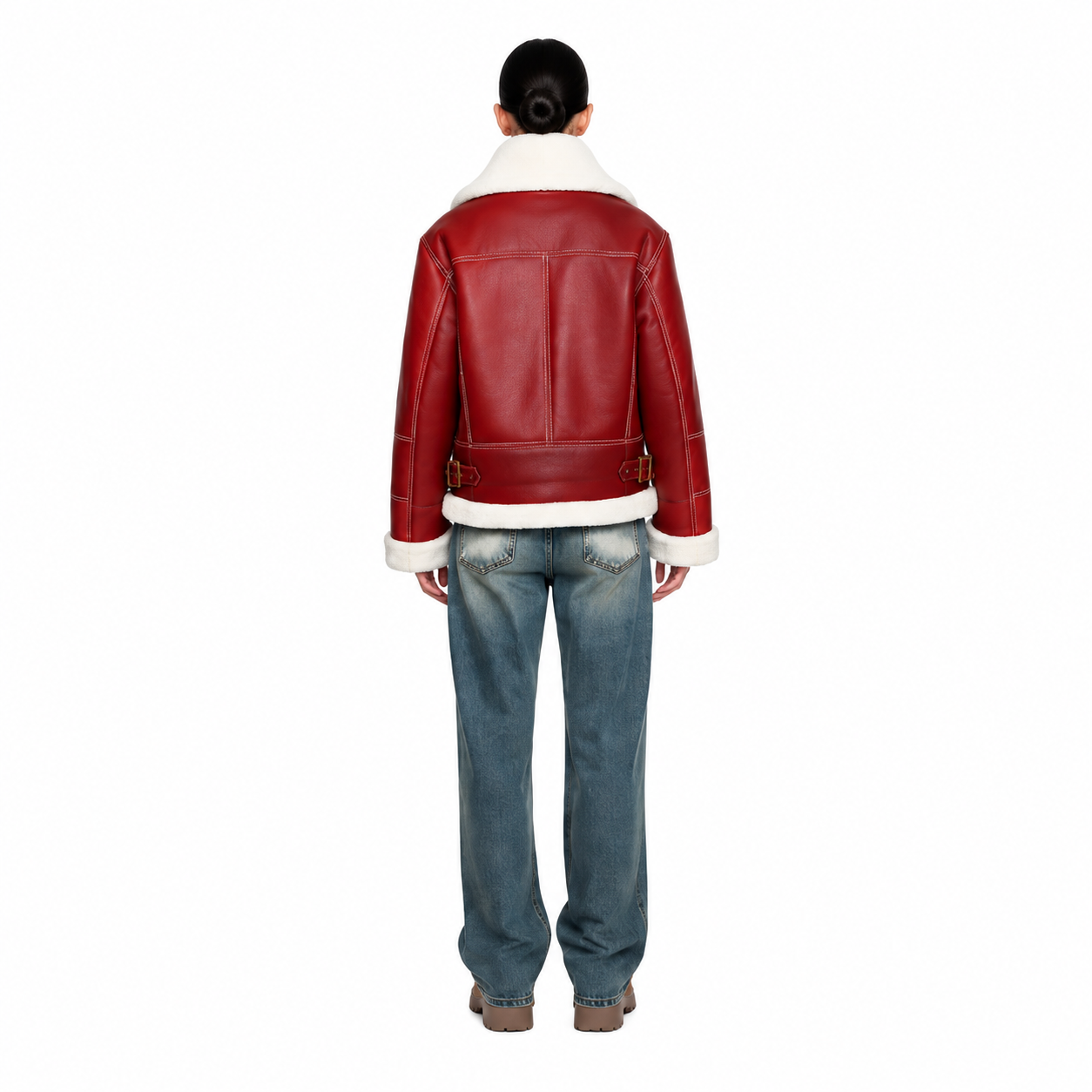 Women's Red Cowhide B-3 Shearling Aviator Jacket manufacturing detail 2