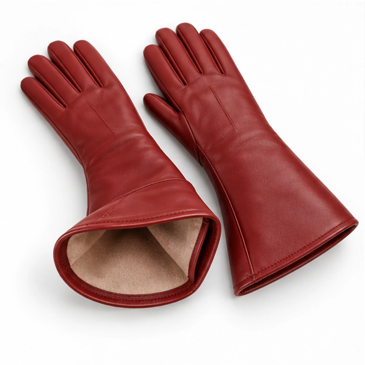 Women's Red Flared Nappa Gauntlet Gloves manufacturing detail 3