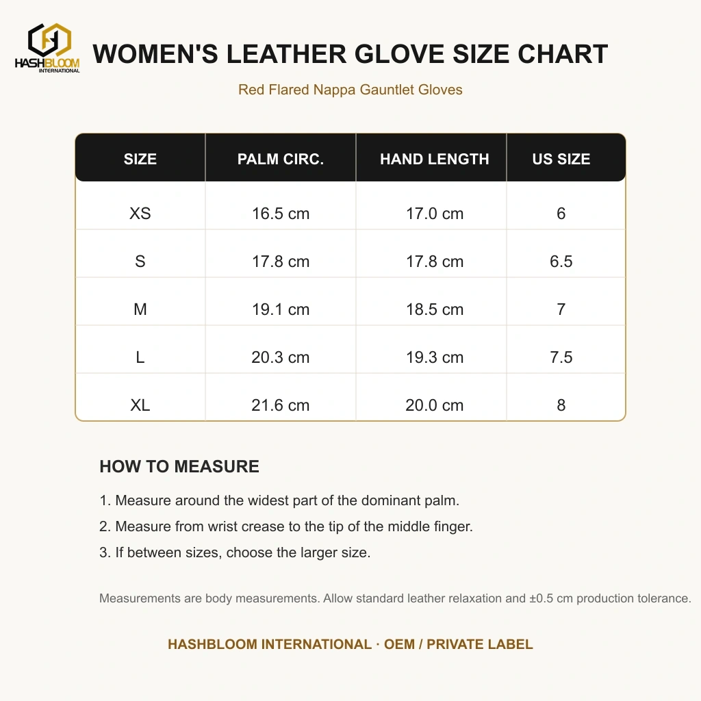 Women's Red Flared Nappa Gauntlet Gloves manufacturing detail 5
