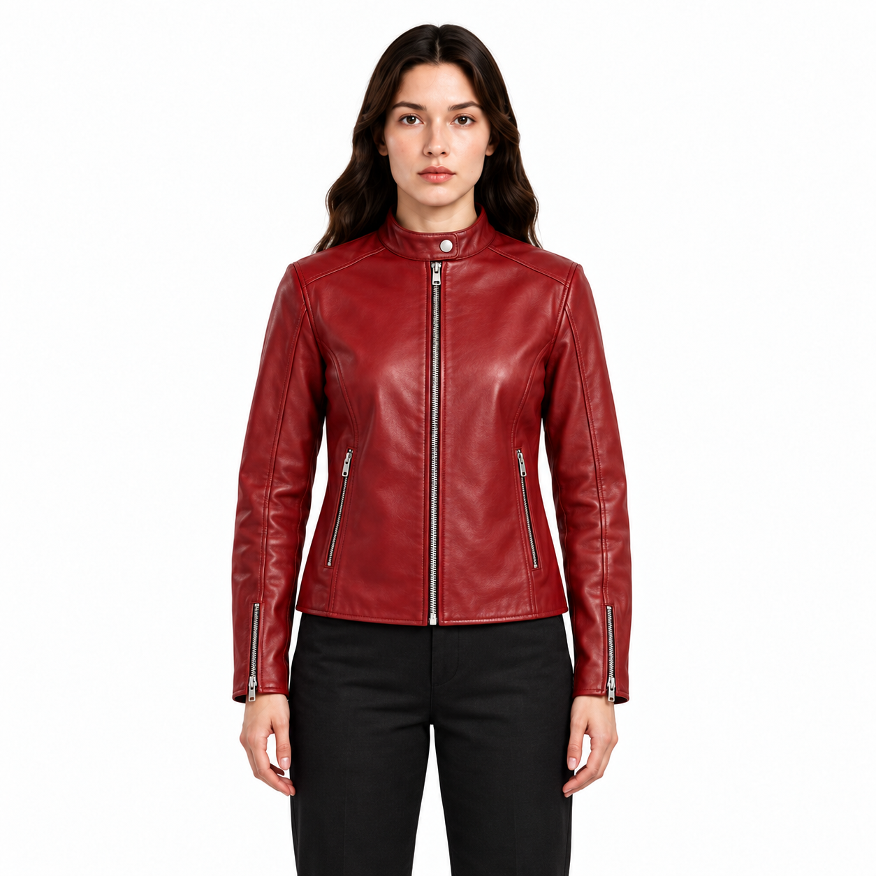 Women's Red Lambskin Cafe Racer Jacket - Custom Leather Manufacturer Sialkot Pakistan
