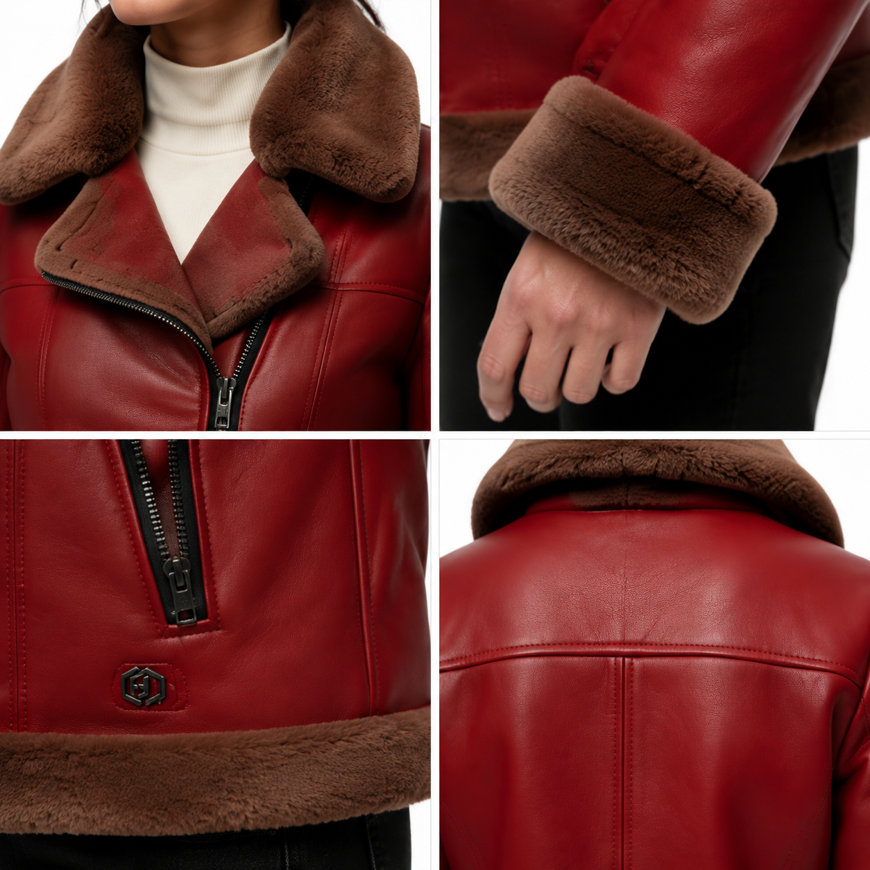 Women's Red Sheep Leather Shearling Aviator Jacket manufacturing detail 4